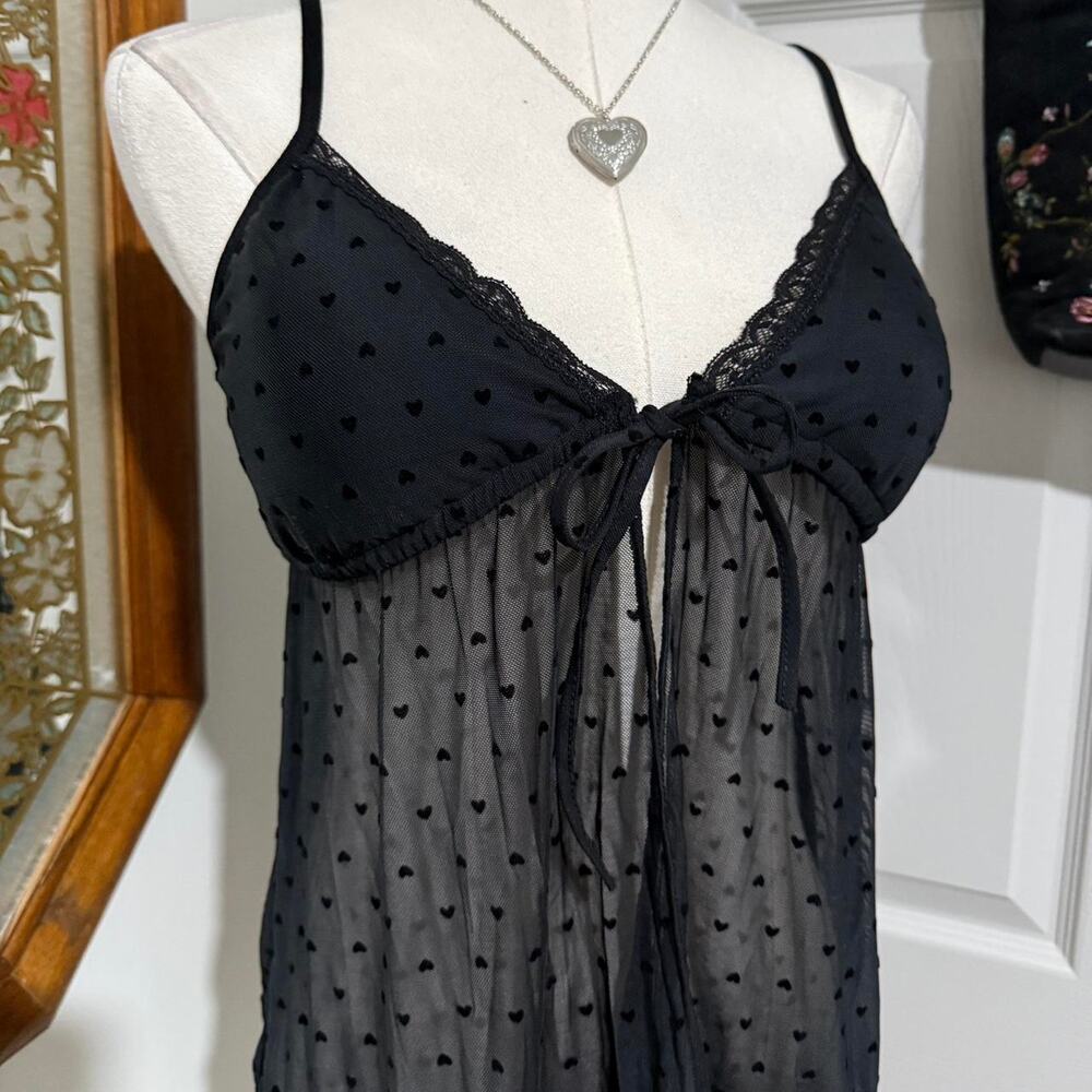NWT Jessica Simpson Black Heart Sheer Mesh Lace Trim Open Tie Front Cami Top M - Picture 2 of 7